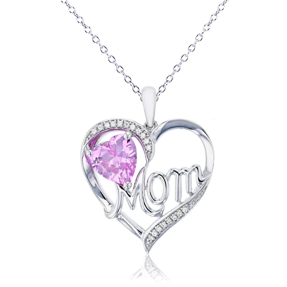Sterling Silver Rhodium CZ Round & 7mm HS Created Pink Sapphire Heart Mom 18" Necklace