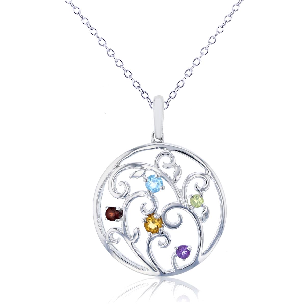 Sterling Silver Rhodium 2.0-2.5mm Rnd Multicolor Flower in Circle 18" Necklace