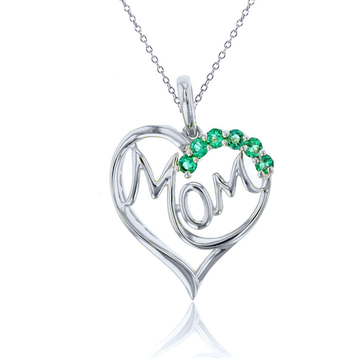 Sterling Silver Rhodium 2mm Rnd Created Emerald Heart/Mom 18" Necklace