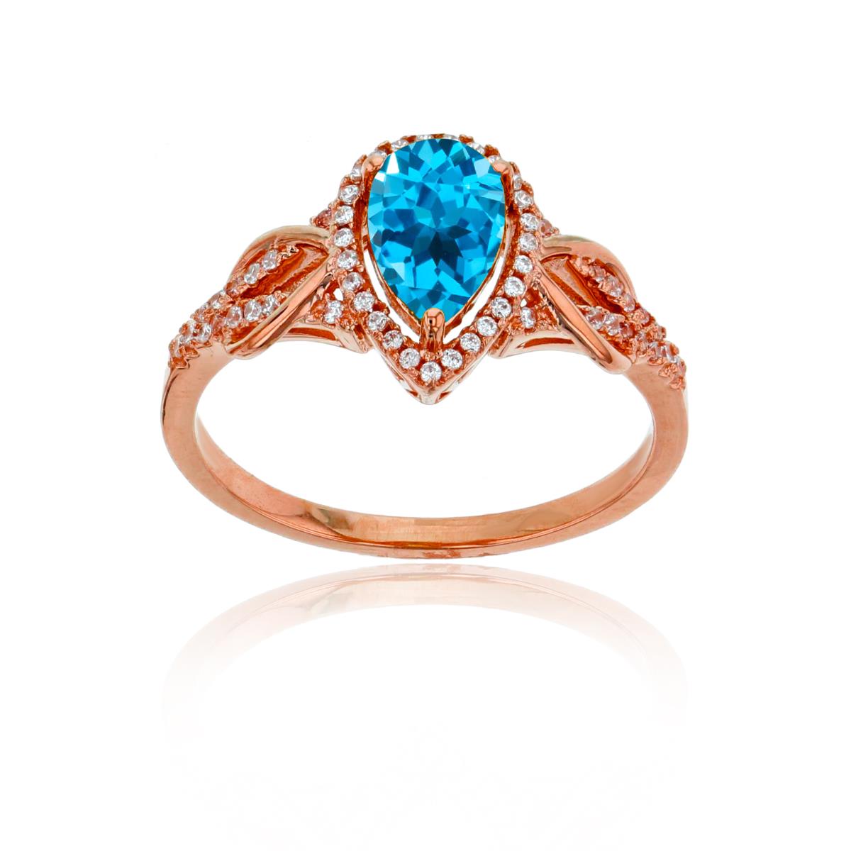 10K Rose Gold 0.17CTTW Rnd Diamond & 8x5mm Pear Cut Swiss Blue Topaz Knot Sides Ring