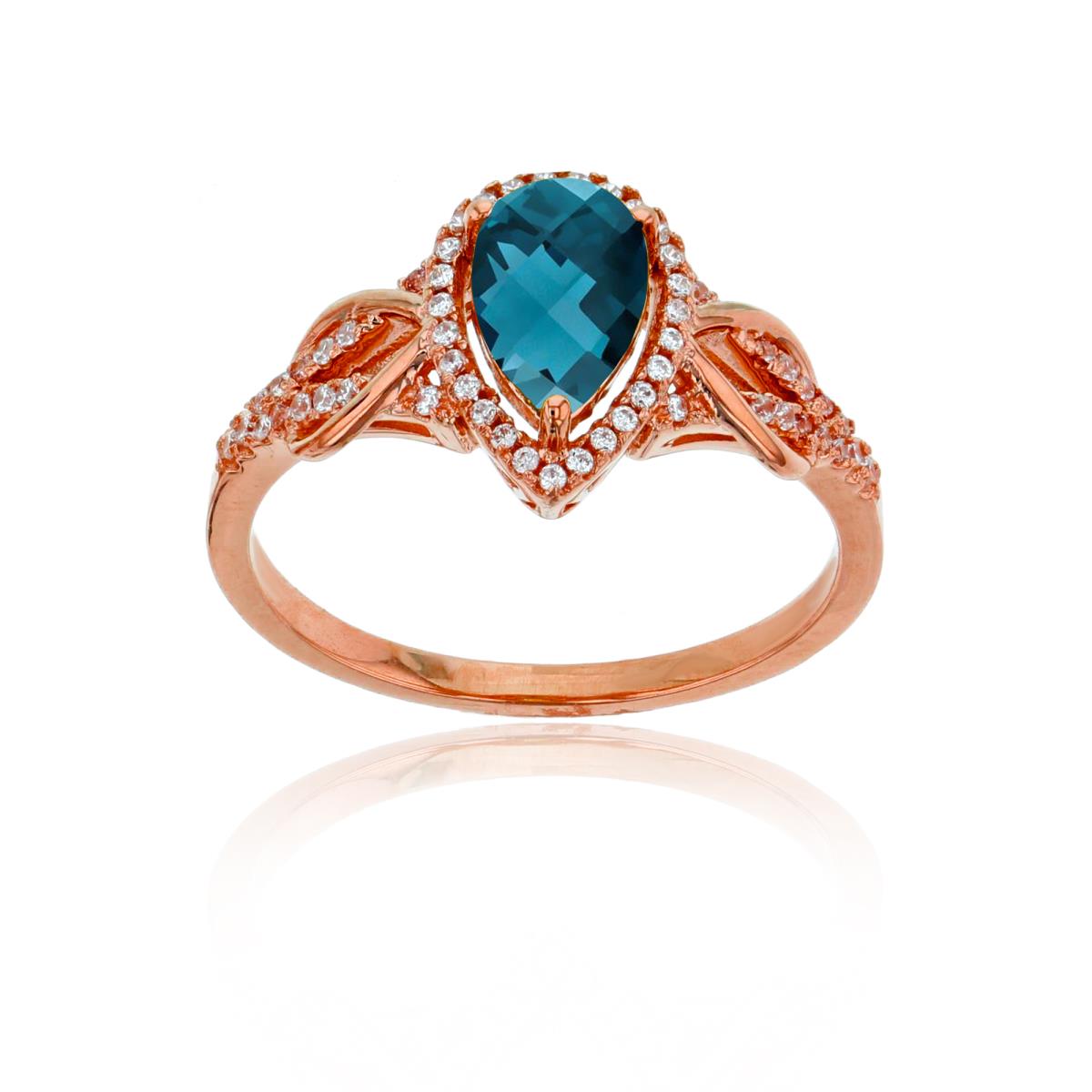 10K Rose Gold 0.17CTTW Rnd Diamond & 8x5mm Pear Cut London Blue Topaz Knot Sides Ring