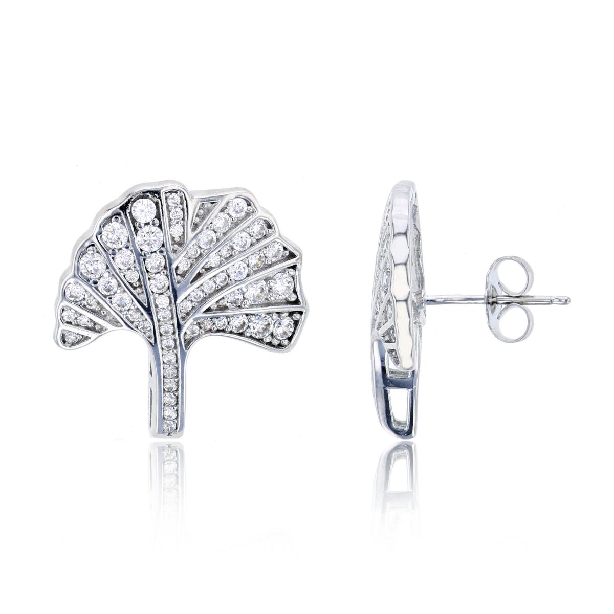 Sterling Silver Rhodium Rnd CZ Ginkgo Leaf Earring