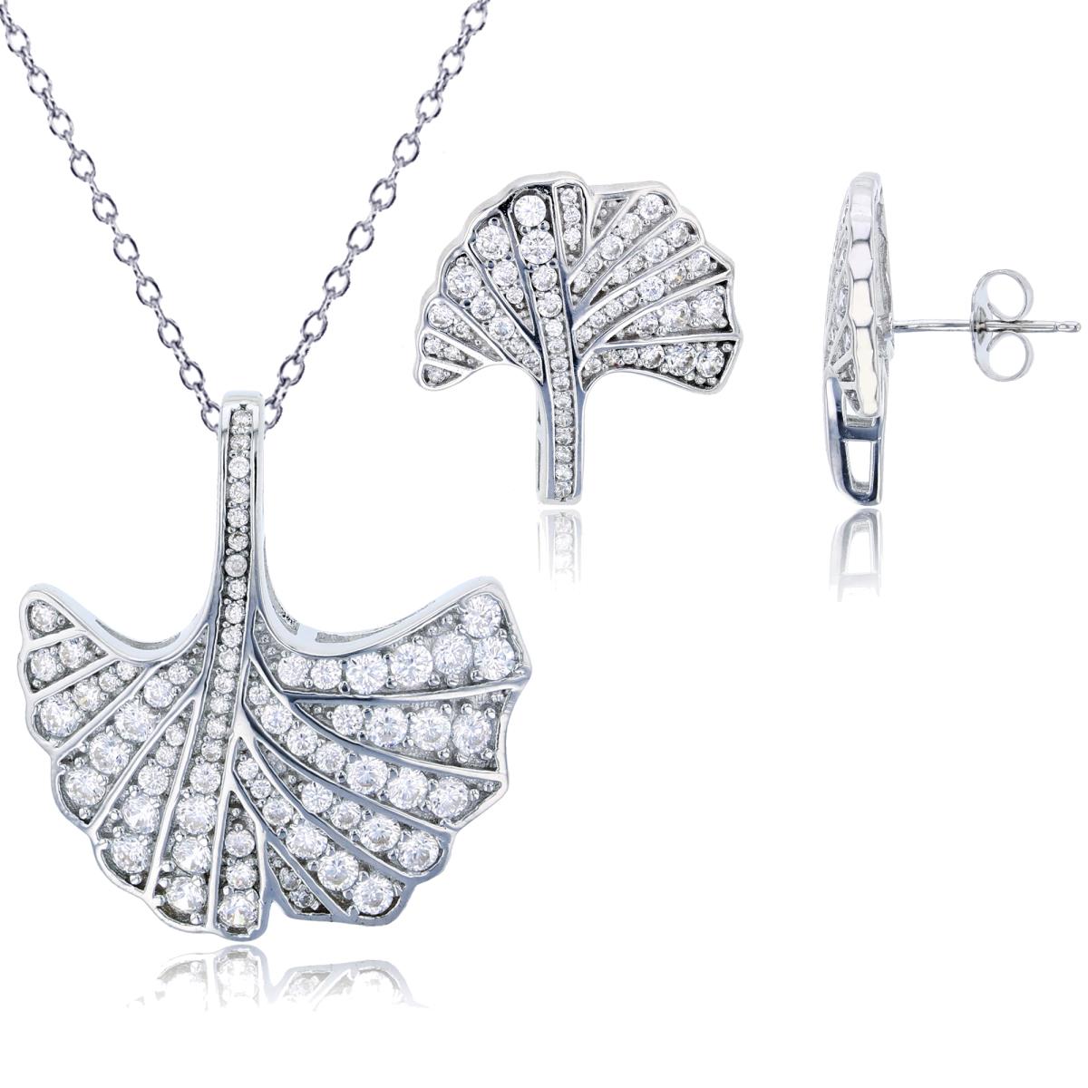 Sterling Silver Rhodium Rnd CZ Ginkgo Leaf 18"Necklace & Earring Set