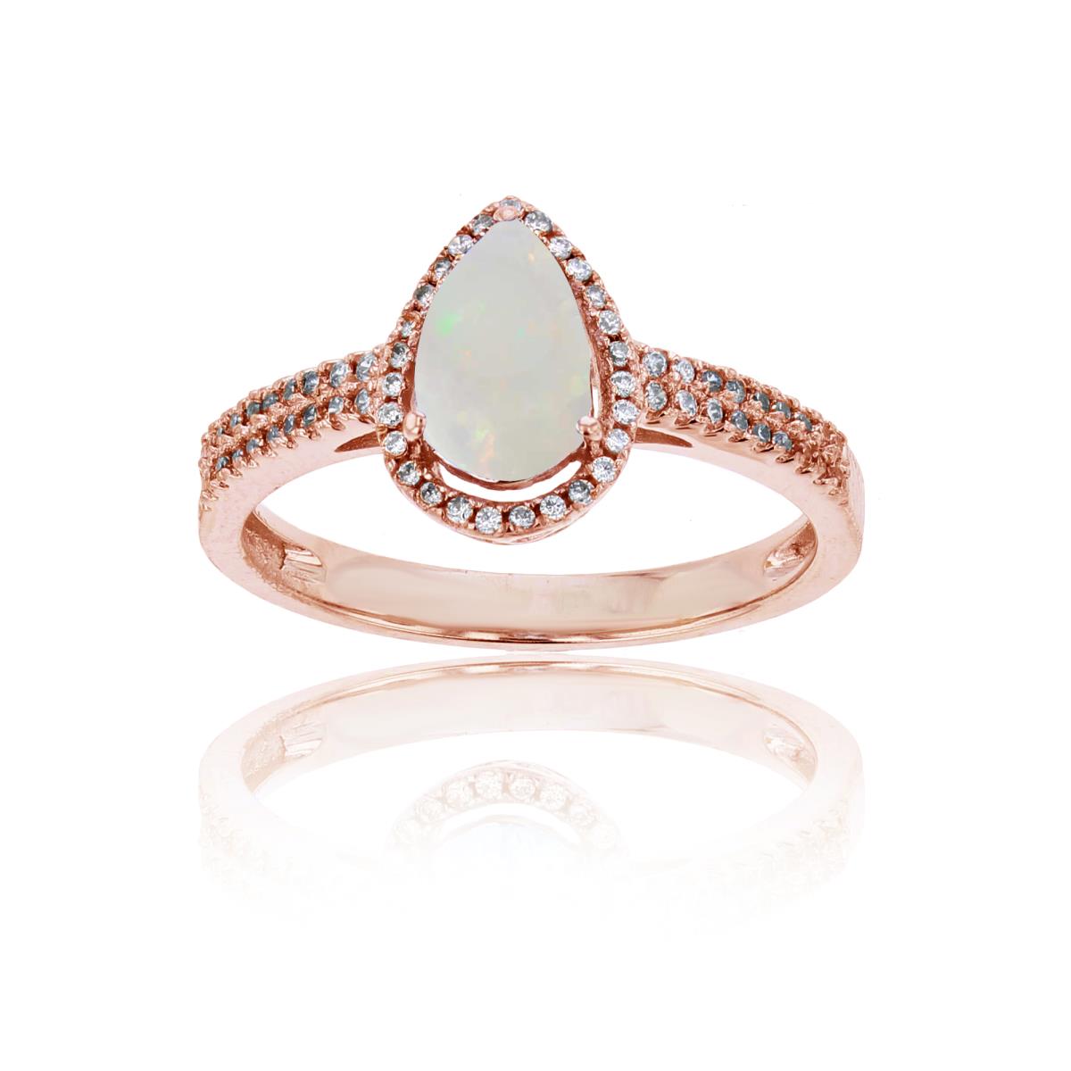 10K Rose Gold 0.20 CTTW Round Diamond & 8x5mm Pear Cut Opal Halo Ring