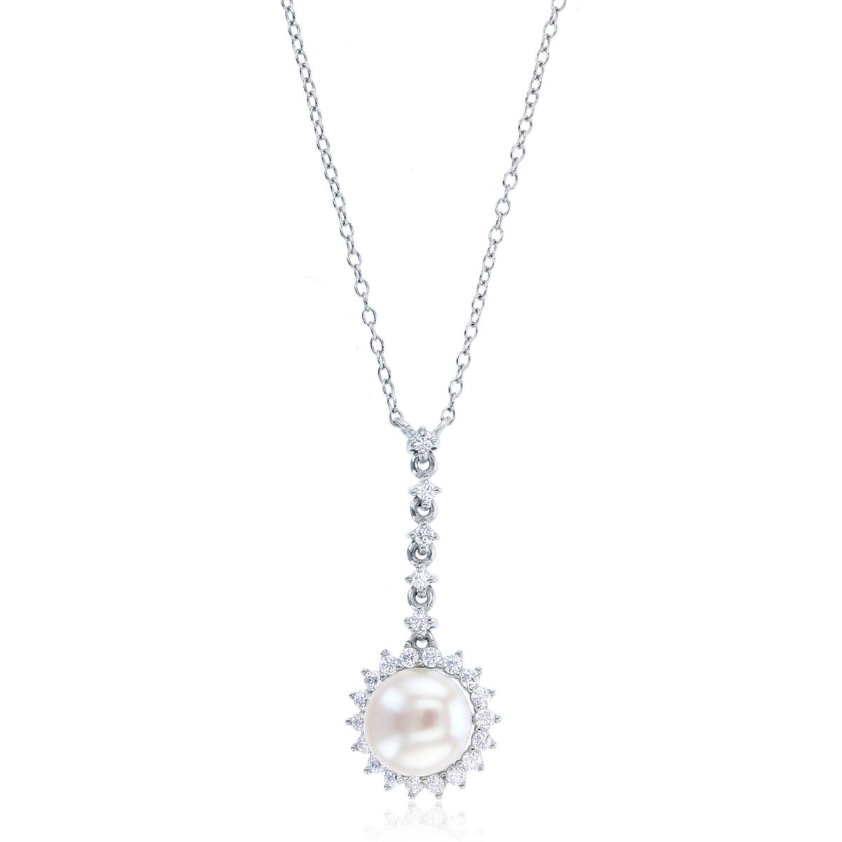 Sterling Silver Rhodium CZ Rnd & Fresh Water Button Pearl Flower 18"Necklace