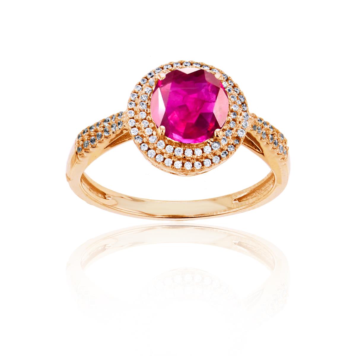 10K Yellow Gold 0.15 CTTW Rnd Diamond & 7mm Rnd Glass Filled Ruby Double Halo Ring