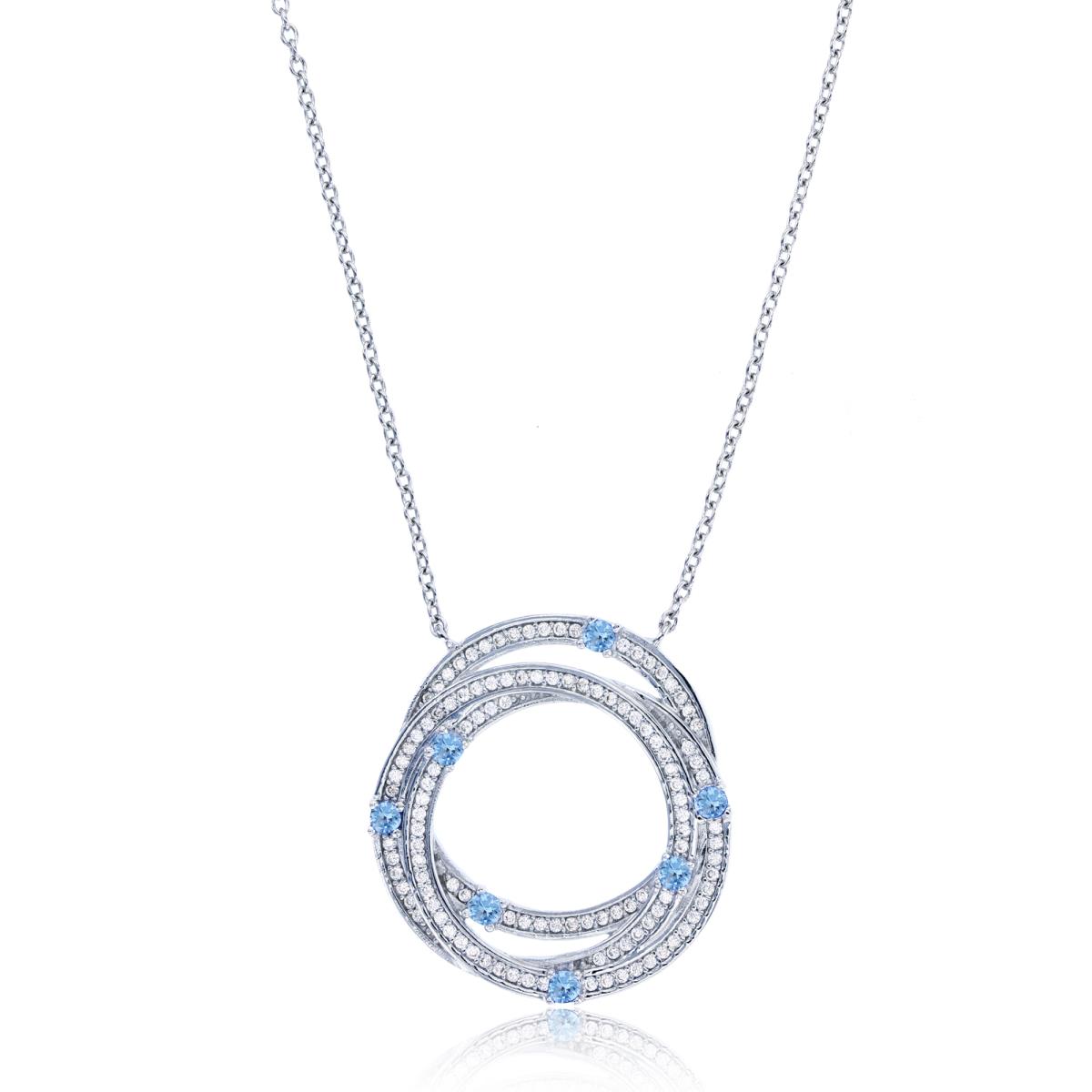 Sterling Silver Rhodium CZ Rnd Sky Blue/White 3-Split Circles 18"Necklace