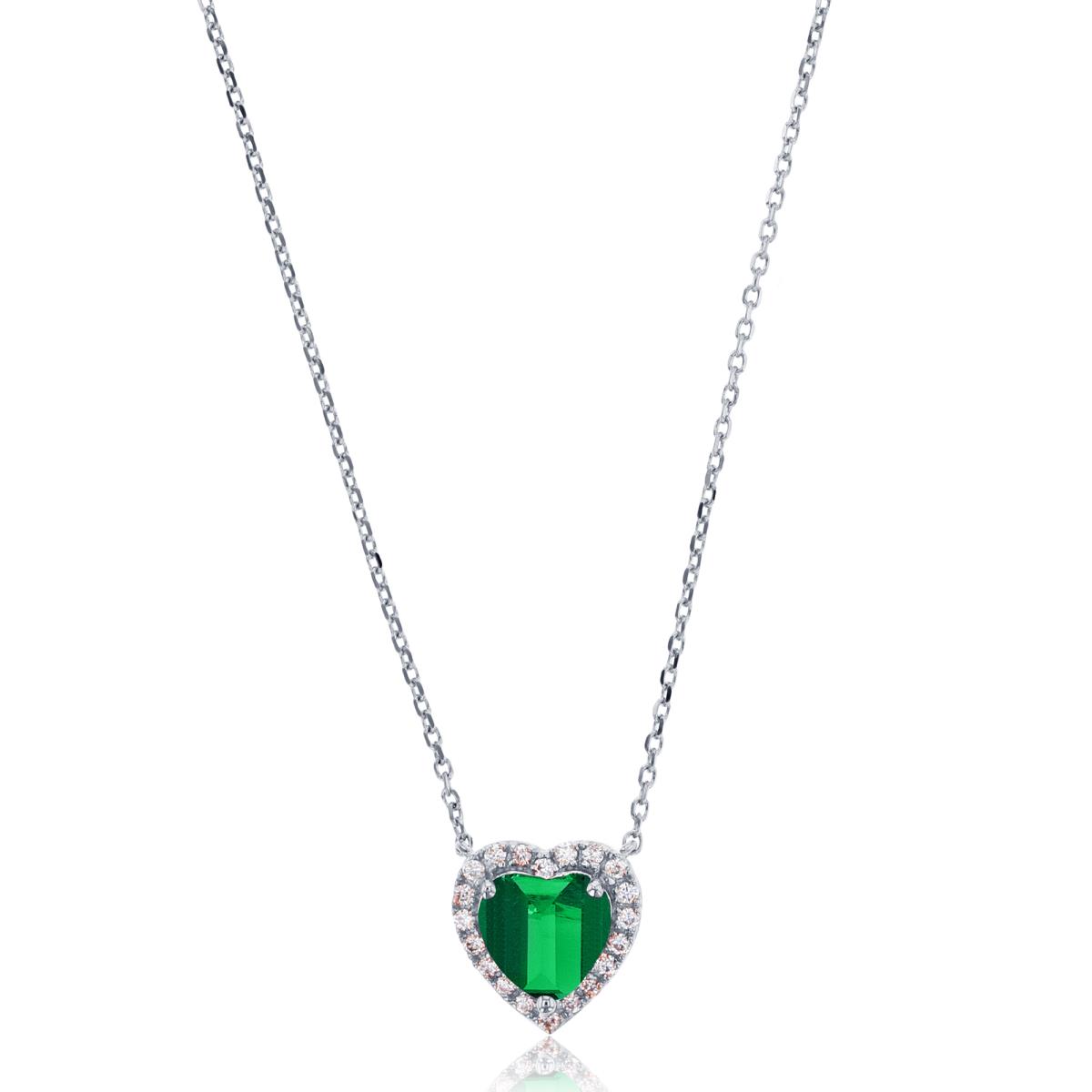 Sterling Silver Rhodium 1mm Rnd Cr White Sapphire & 6mm Heart Cut Cr Emerald 18" Necklace