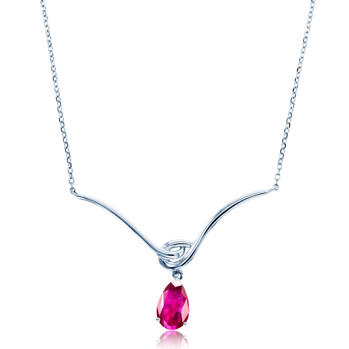 Sterling Silver Rhodium 8x5mm PS Cr Ruby Dangling Drop Y- 18" Necklace