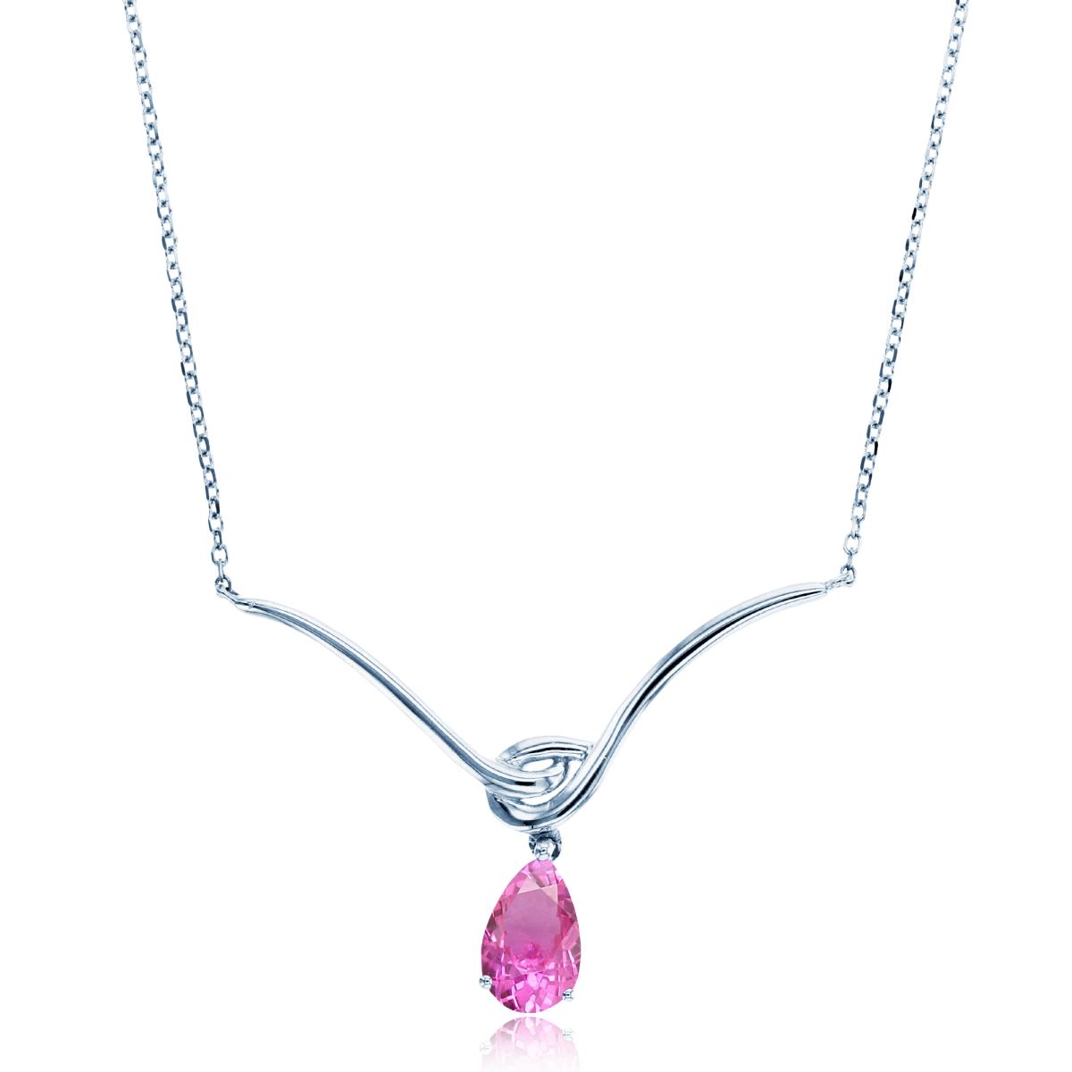 Sterling Silver Rhodium 8x5mm PS Cr Pink Sapphire Dangling Drop Y- 18" Necklace
