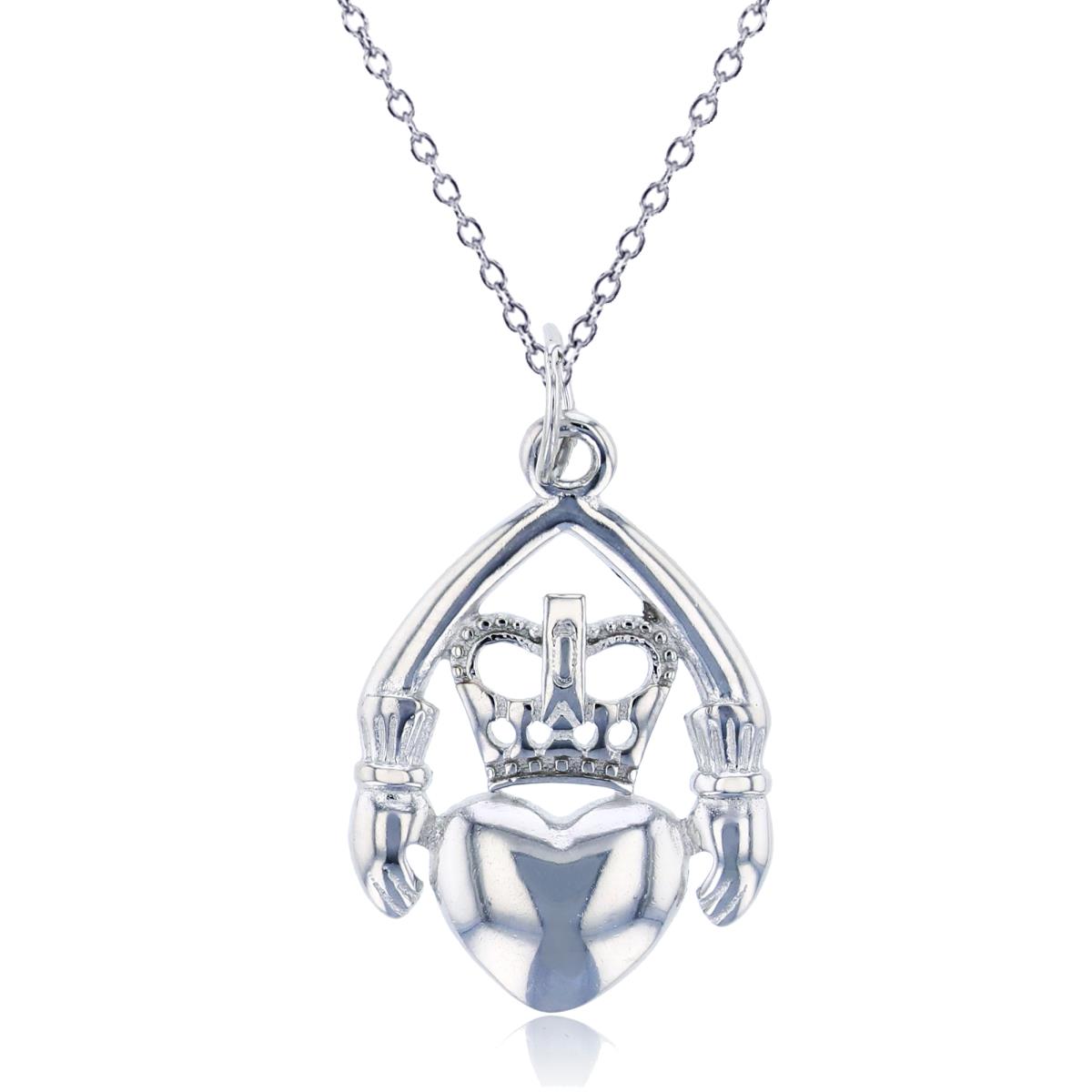 Sterling Silver Rhodium Polished Claddagh 18" Necklace