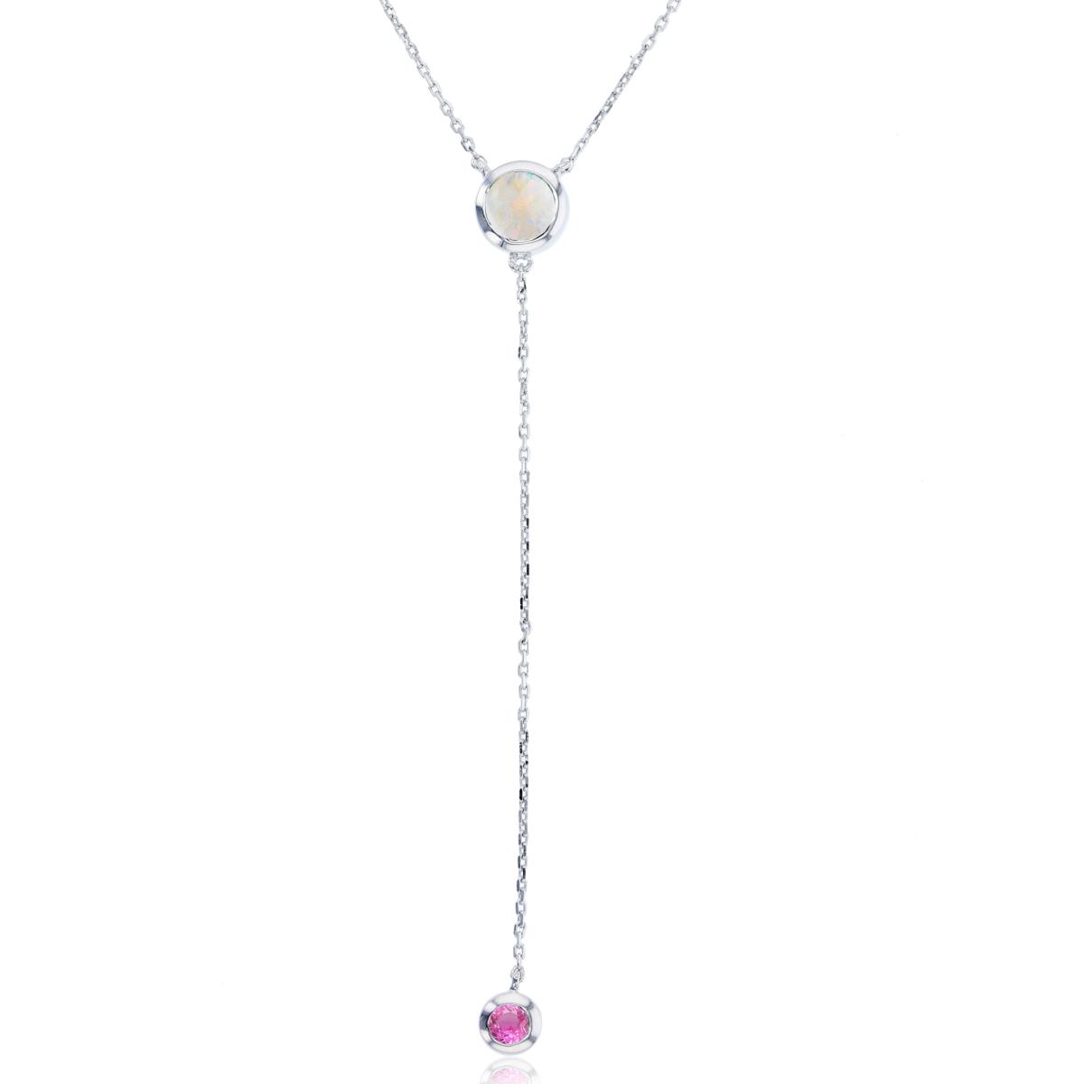 Sterling Silver Rhodium 5mm Rnd Created Opal & 3mm Rnd Created Pink Sapphire 2-Bezel Circles Dangling 17" Necklace