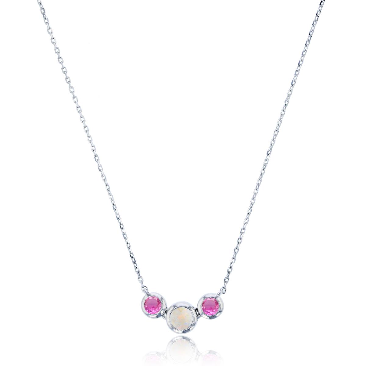 Sterling Silver Rhodium 4mm Rnd Cr Opal/ 3mm Cr Pink Sapphire 3-Bezel Stones 17"  Necklace