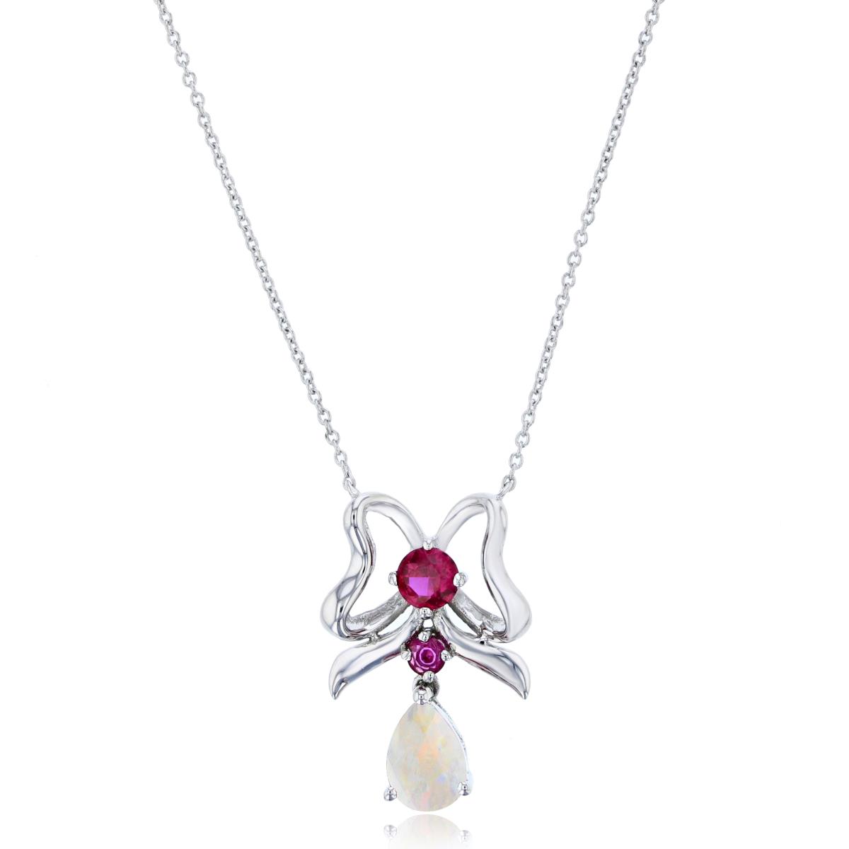 Sterling Silver Rhodium 7x5mm Pear Cr Opal & Rnd Cr Ruby Ribbon 17" Necklace