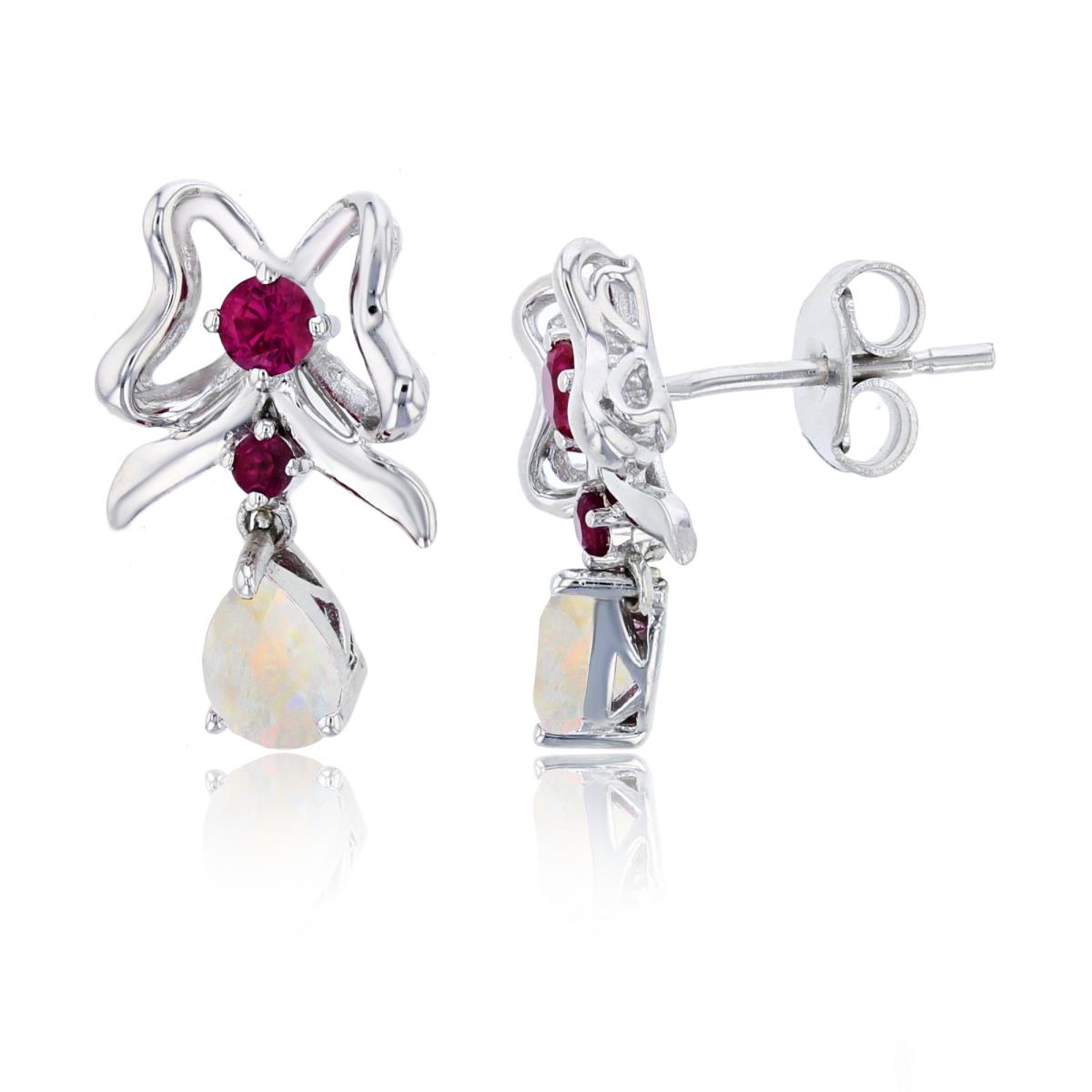 Sterling Silver Rhodium 6x4 Pear Cr Opal & Rnd Cr. Ruby Ribbon Dangling Earring