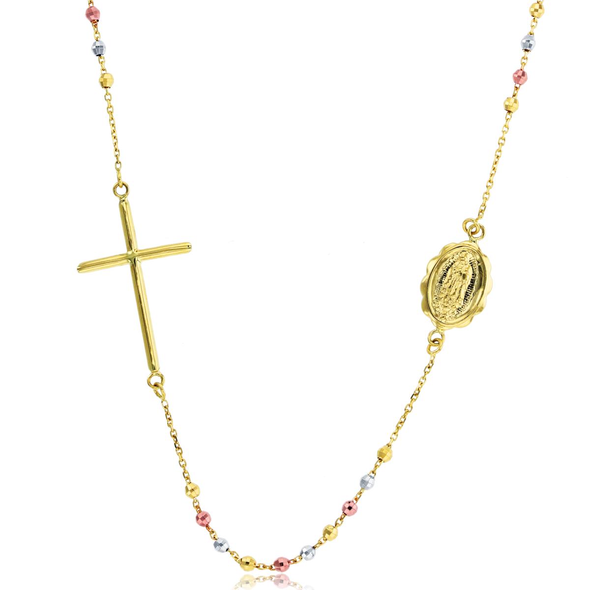 14K Tri-Color Gold 2mm DC Beads Cross & Virgin Mary 17"+1" Rosary Necklace