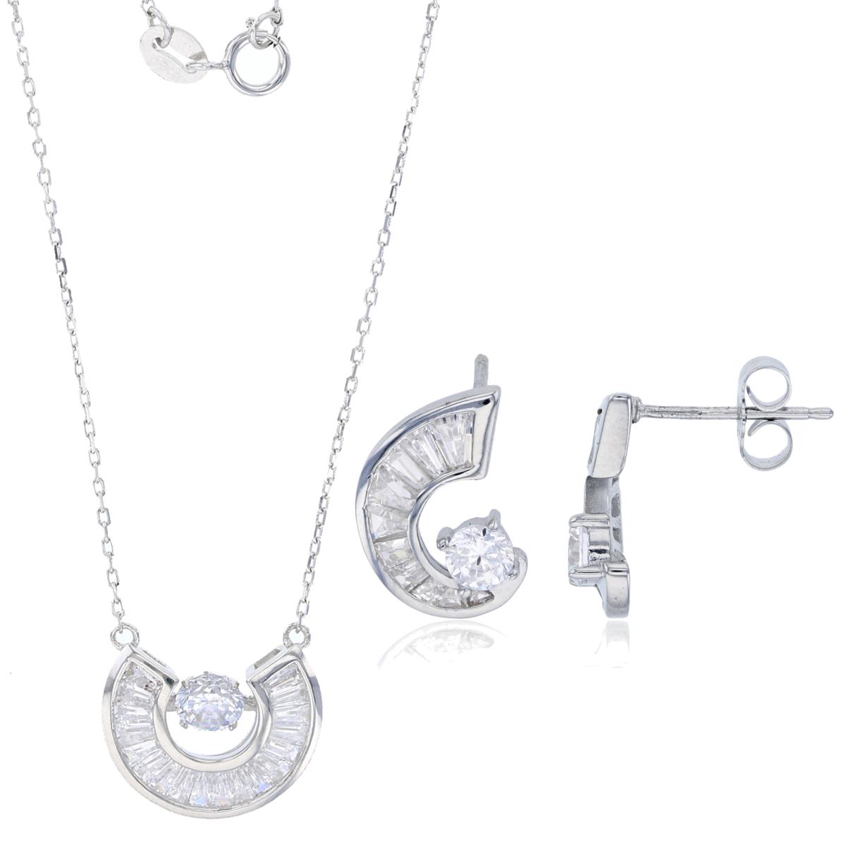 Sterling Silver Rhodium 5mm Rd Cut Twinkle Set & Bag CZ Half-Circle 18.5" Necklace & Earring Set