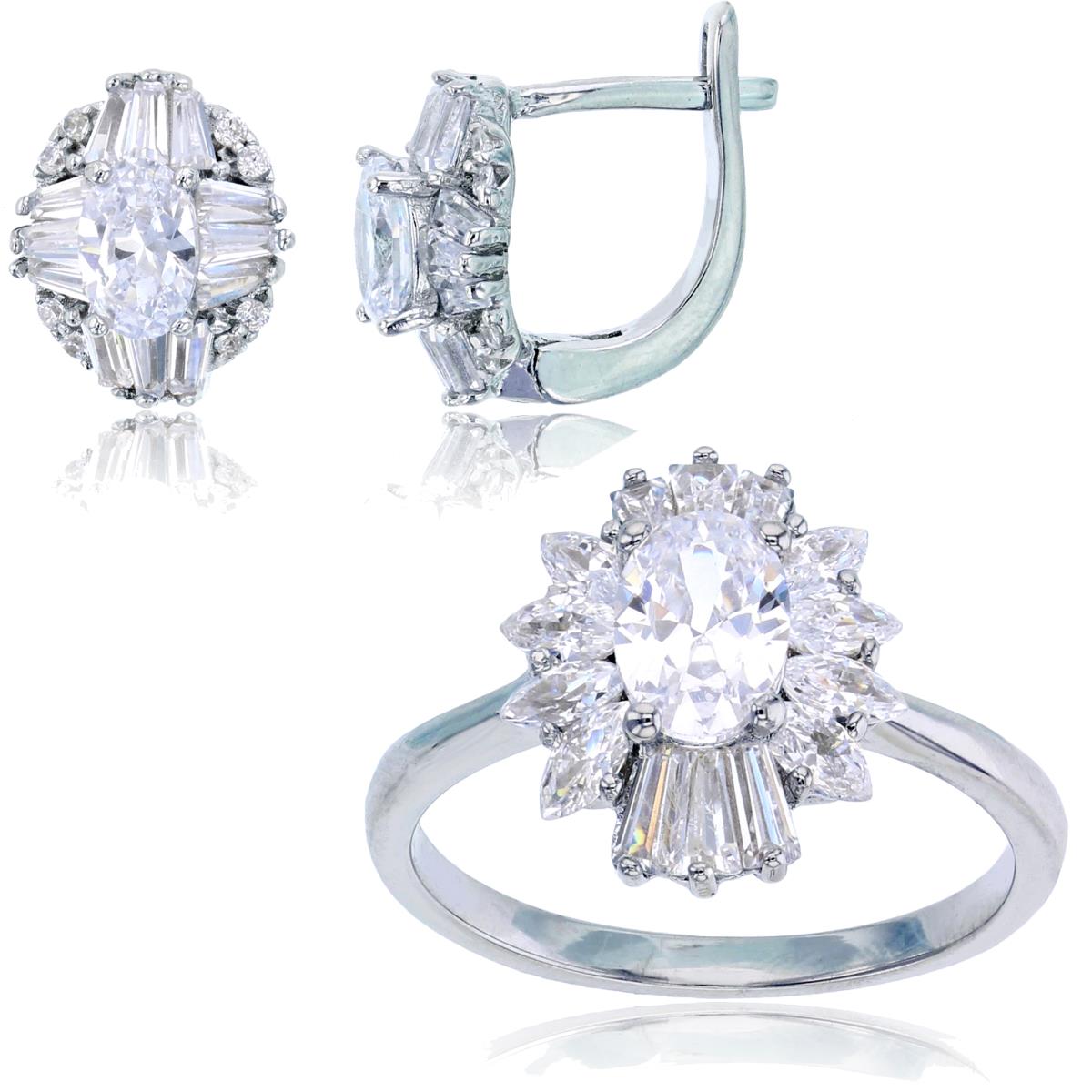 Sterling Silver Rhodium Ov/MQ/BG CZ Flower Ring & Earring Set 
