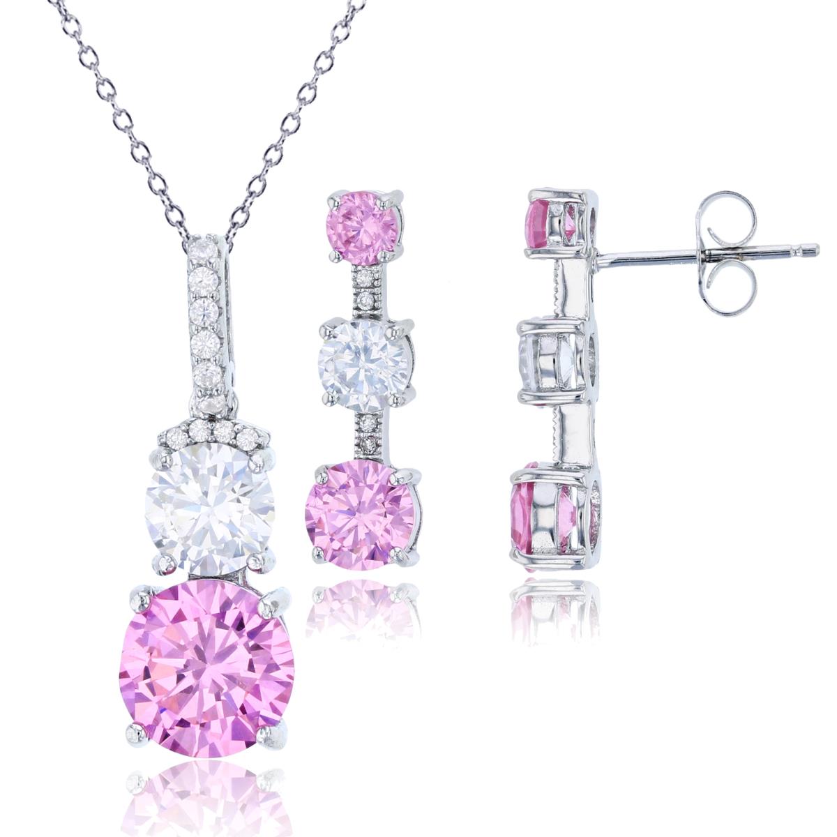 Sterling Silver Rhodium 8mm Pink & 6mm White Round Cut CZ 18" Necklace & Earring Set