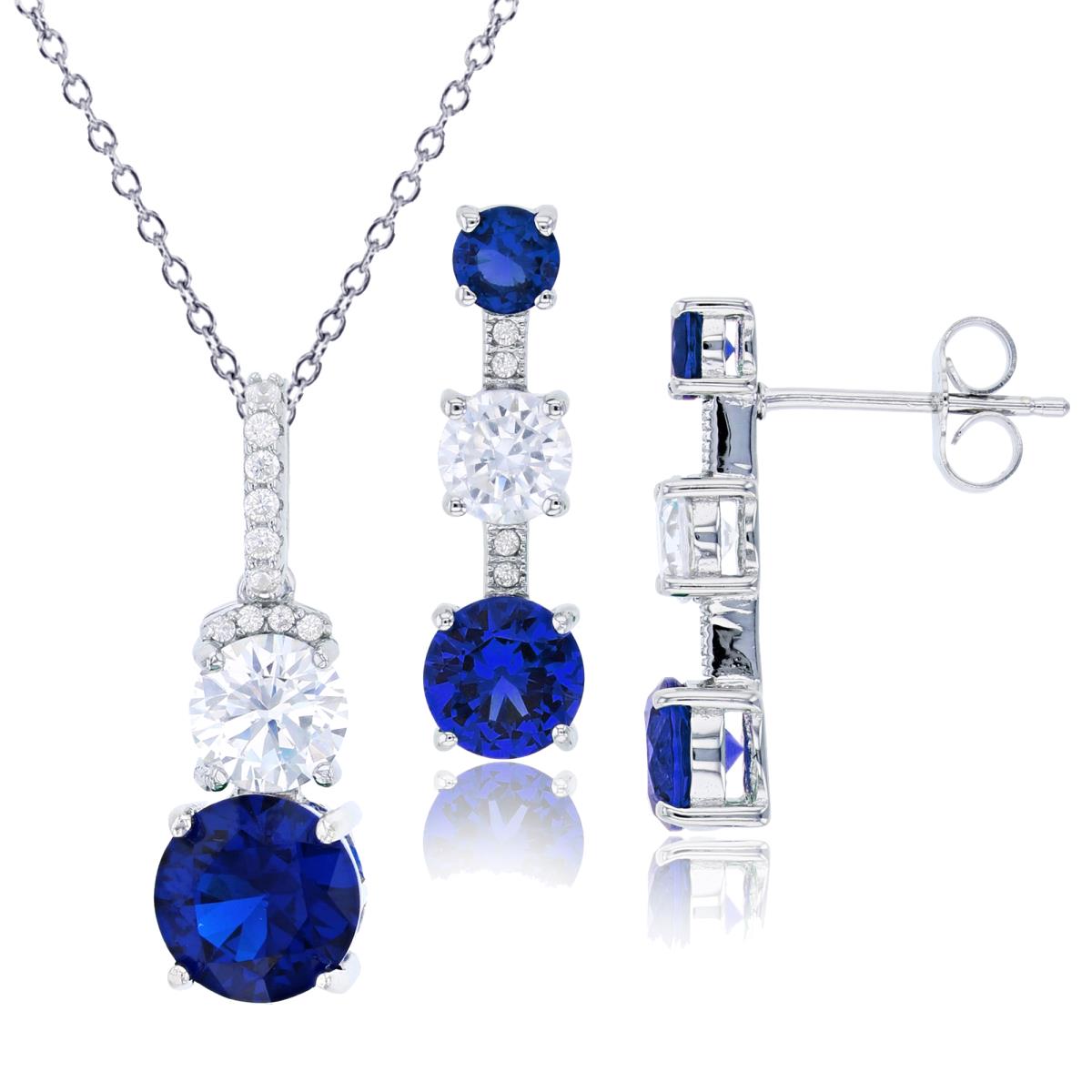 Sterling Silver Rhodium 8mm Sapphire & 6mm White Round Cut CZ 18" Necklace & Earring Set