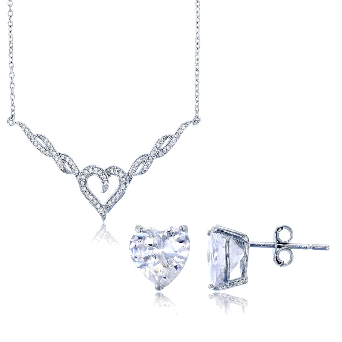 Sterling Silver Rhodium Micropave Heart with Twisted Wings 16"+2" Necklace & 8mm Hrt Solitaire Stud Earring Set