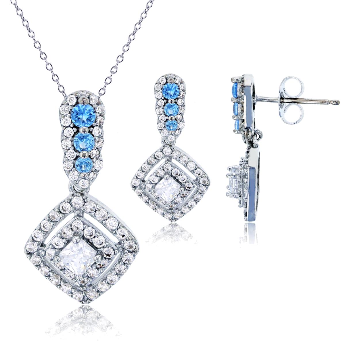 Sterling Silver Rhodium  Rnd/PR White & Blue CZ Halo Cushion 18" Necklace & Earrings Set