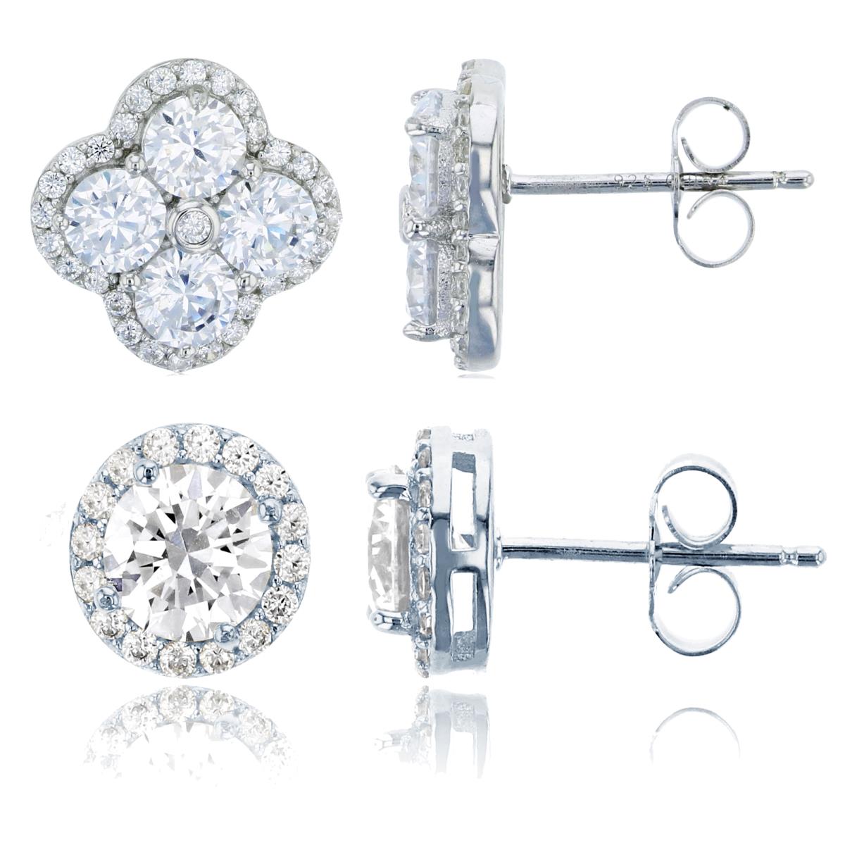 Sterling Silver Rhodium Pave 4.5mm Rd Cut CZ Clover & 6mm Rd Cut Halo Stud Earring Set