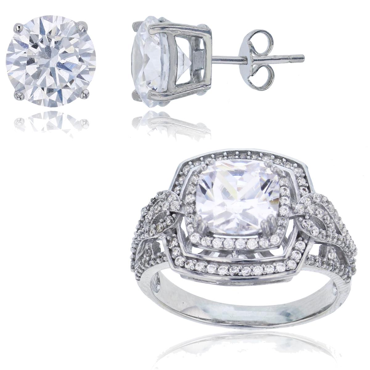 Sterling Silver Rhodium 8mm Cushion Cut CZ Dbl Halo Ring & 8mm Rd Solitaire Stud Earring Set