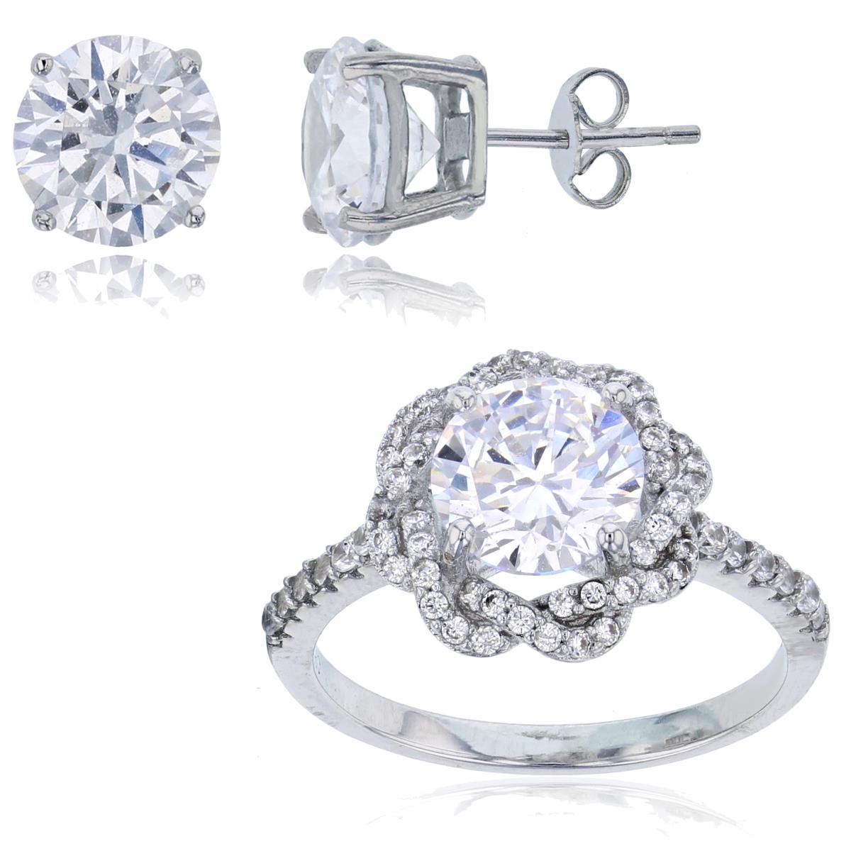 Sterling Silver Rhodium 8mm Rd Cut CZ Twist Flower Ring & 8mm Rd Solitaire Stud Earring Set