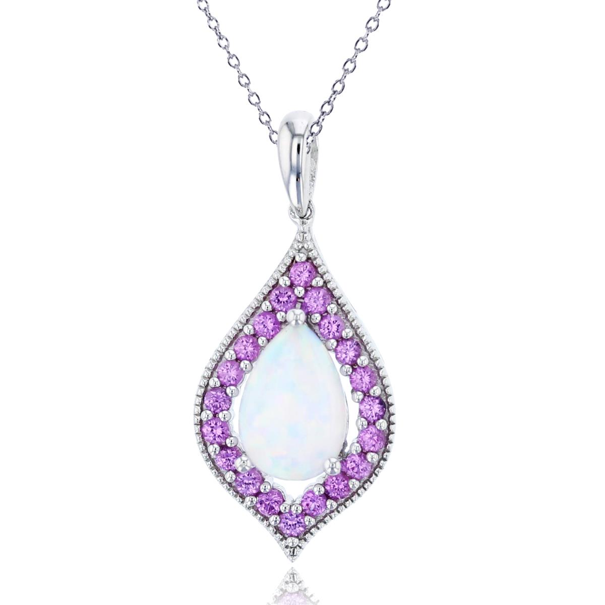 Sterling Silver Rhodium 9x6 PS Cr Opal & 1.5mm Rnd Cr Pink Sapphire 18" Necklace