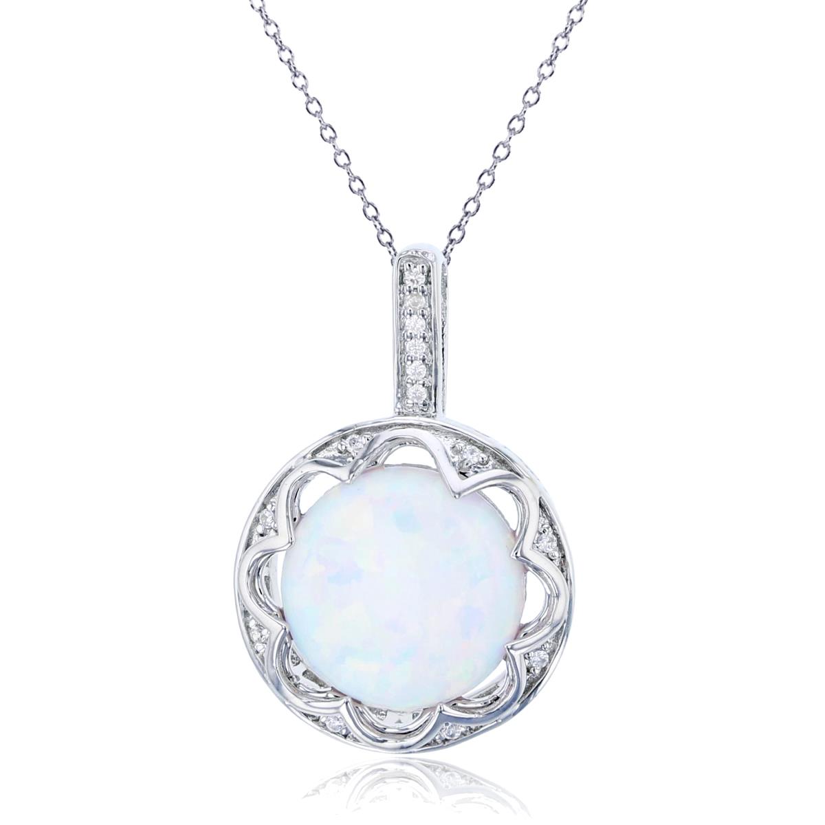 Sterling Silver Rhodium CZ Round & 10mm Round Cr Opal Circle 18" Necklace