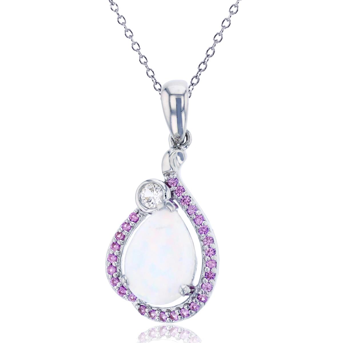Sterling Silver Rhodium PS Cr Opal & Cr Pink/ White Sapphire Pear Shape 18" Necklace