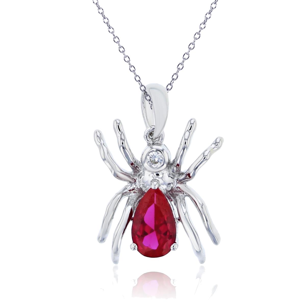 Sterling Silver Rhodium 8x5mm Pear Cut Cr Ruby & Rd Cr White Sapphire Spider 18" Necklace
