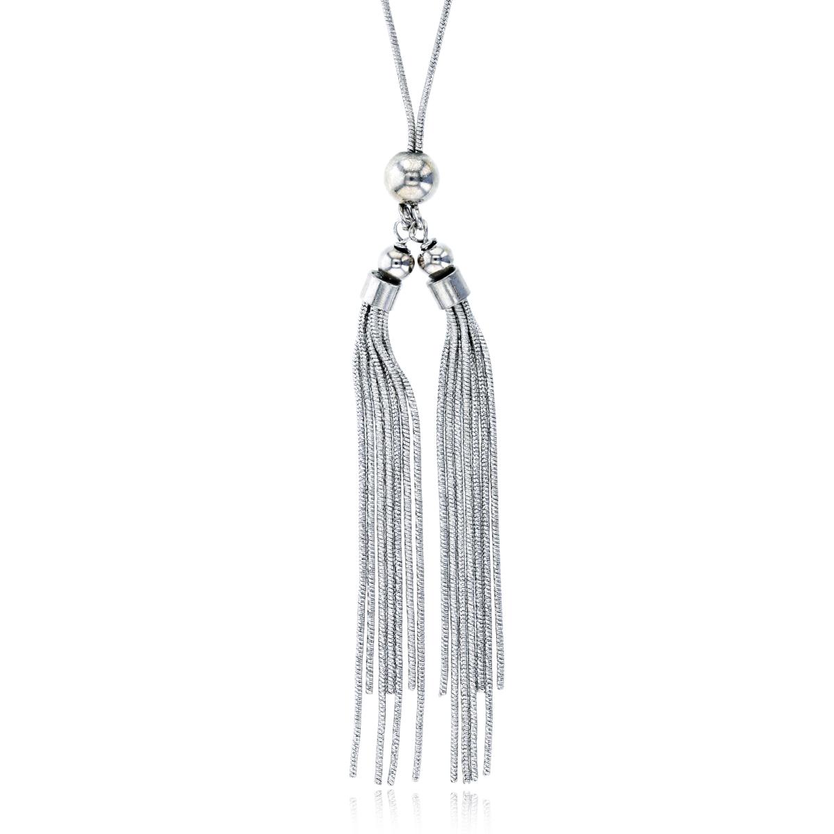 Sterling Silver Rhodium 2-Tassels w Sliding Ball on RD Snake Chain 24"Necklace
