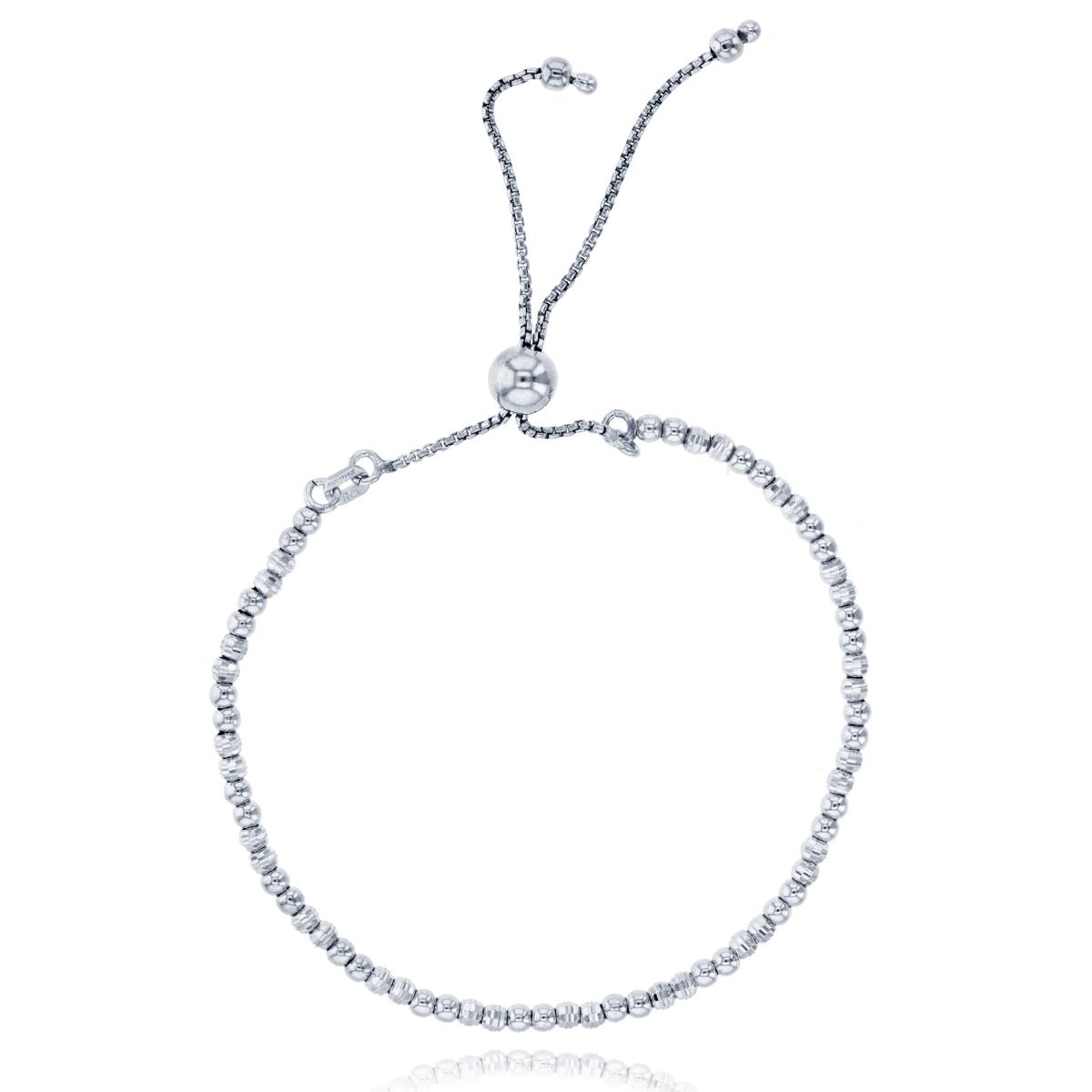 Sterling Silver Rhodium 1-Strand Alternating Polished & DC Beads Adjustable Bolo Bracelet
