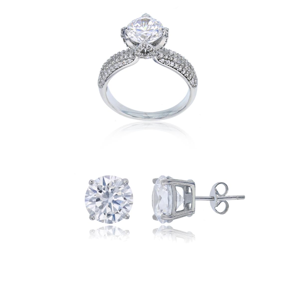 Sterling Silver Rhodium 8mm Rd Cut CZ Micropave Eng Ring & 8mm Rd Solitaire Stud Earring Set