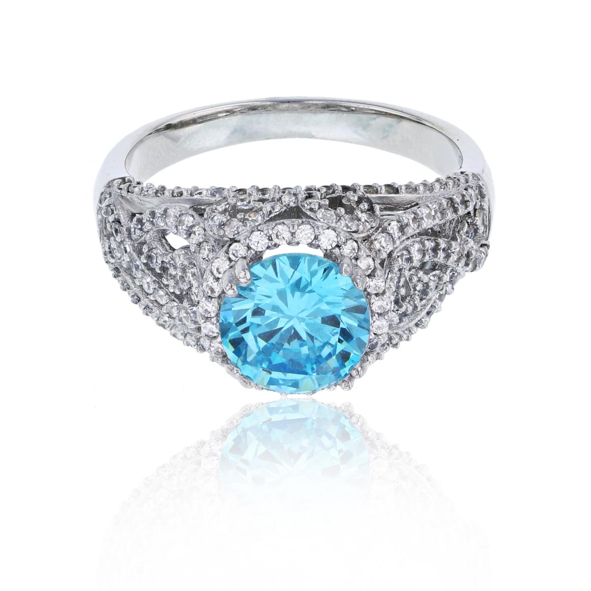 Sterling Silver Rhodium 8mm Medium Blue Rd Cut CZ Micropave Filigree Sides Cathedral Eng Ring