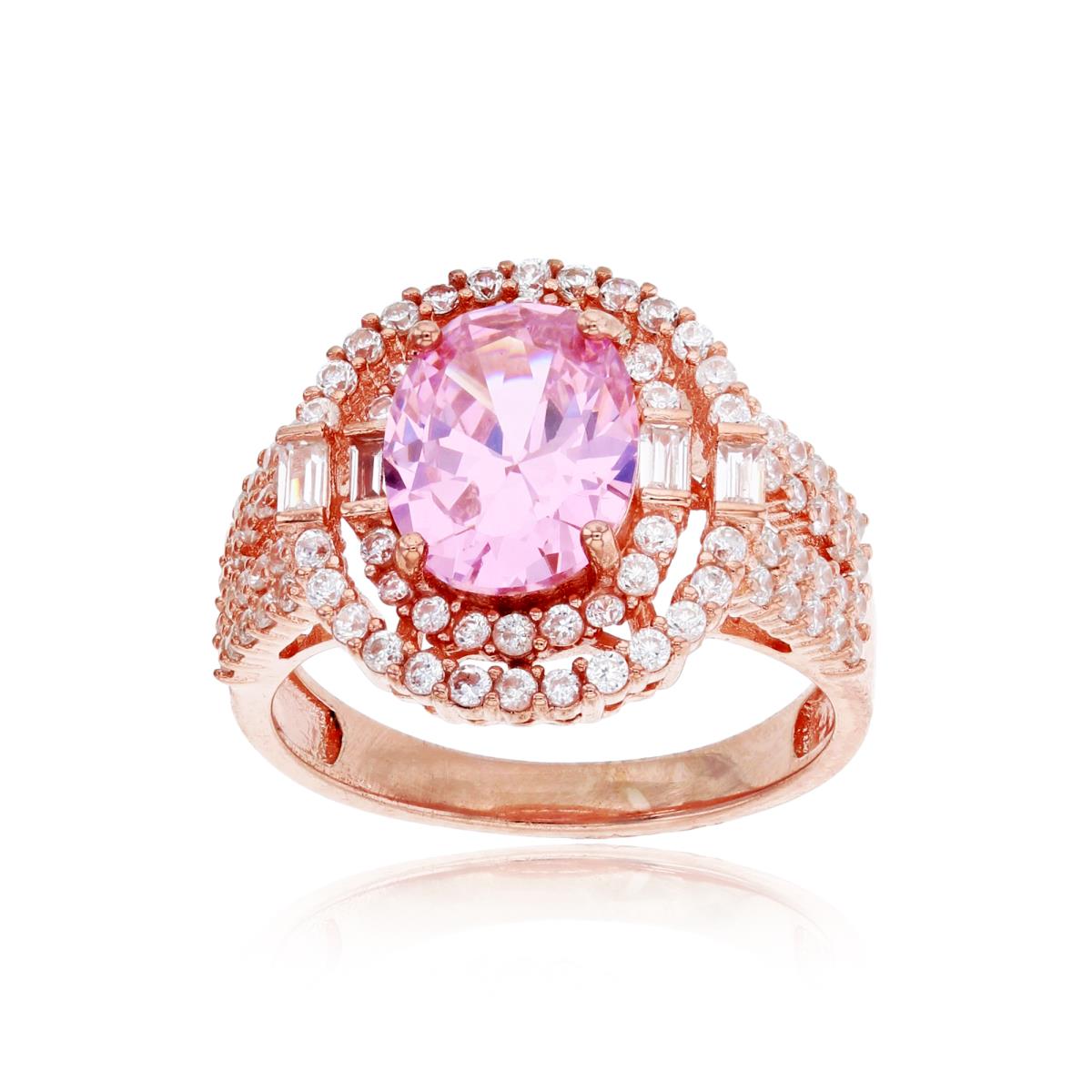 Sterling Silver Rose 1-Micron 10x8mm Pink Oval Cut with Micropave White CZ Double Oval Frame Ring