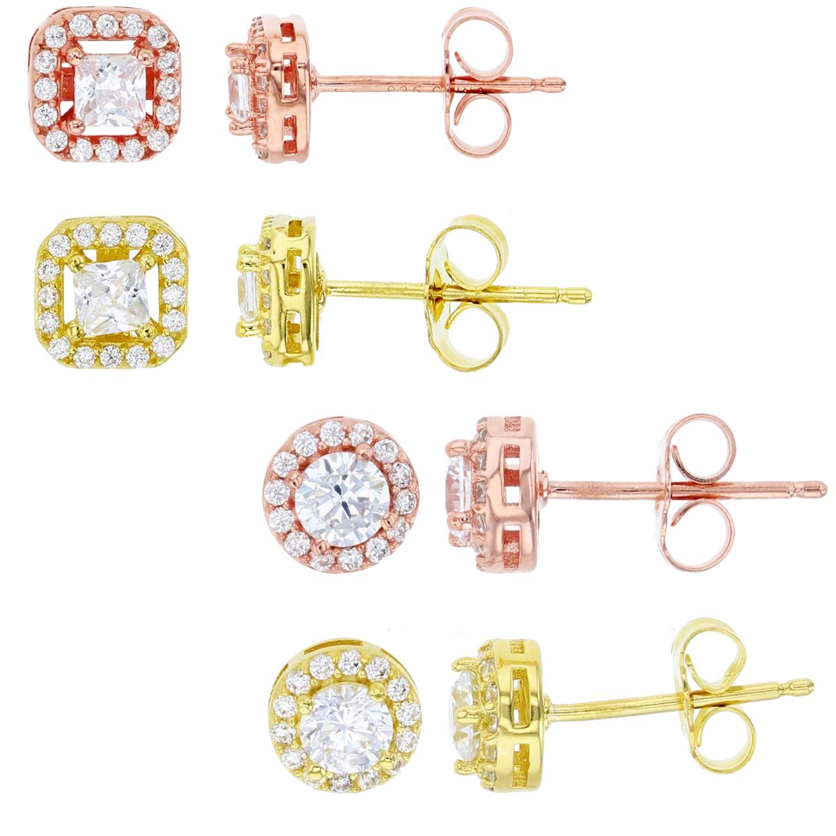 Sterling Silver Yellow & Rose 1Micron 3mm Princess Cut Halo & 4mm Rd Halo Stud Earring Set