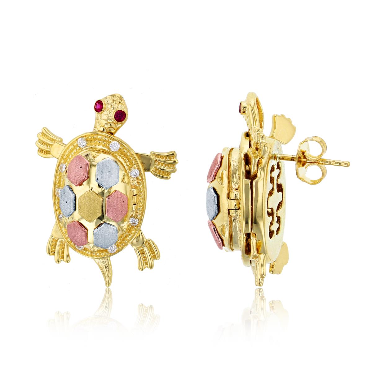 14K Gold Tricolor Turtle Motion with Removable Shell Earrings