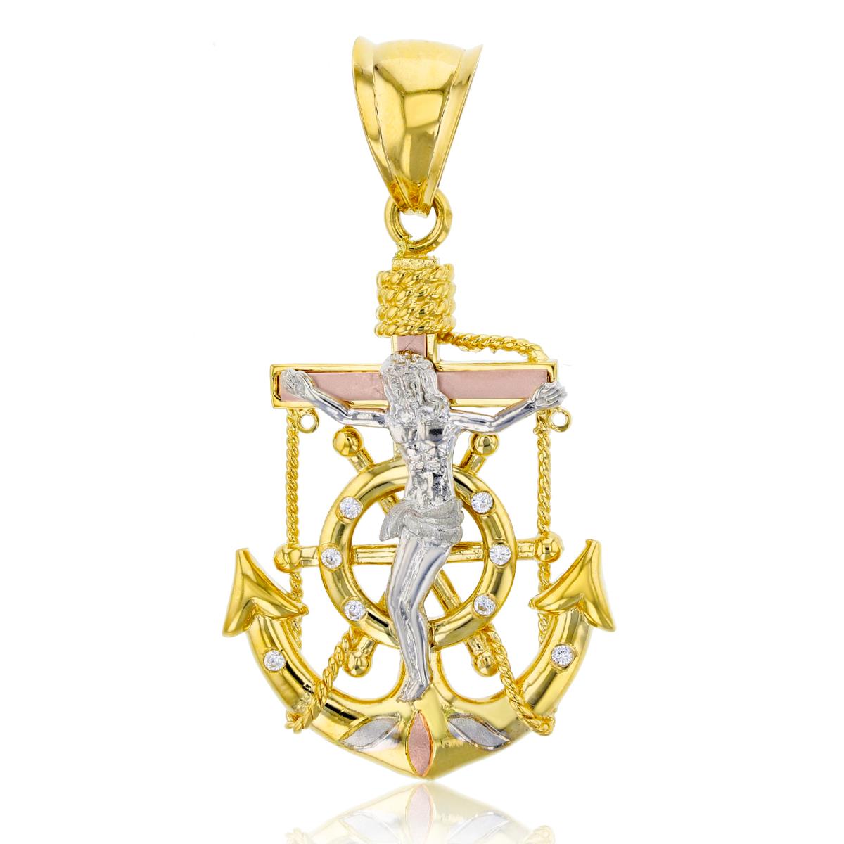 14K Tri-Color Gold 52x28mm Religious Nautical Cross Wheel & Anchor Dangling Pendant