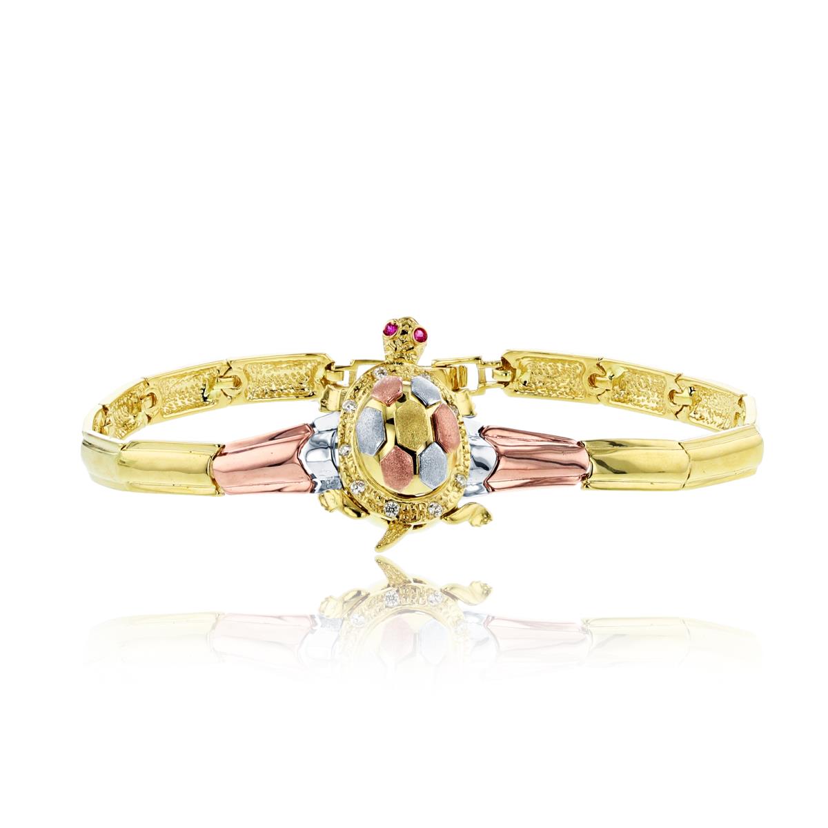 14K Gold Tricolor Red/White CZ Turtle w Movable Shell Bracelet