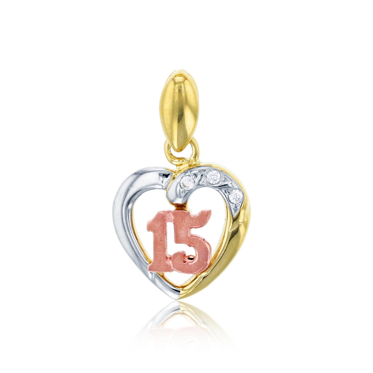 14K Tri-Color Gold 21X13mm 15 Anos Quinceanera Heart Pendant