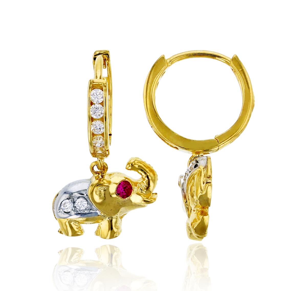 14K Yellow Gold Ruby & White Round CZ High Polished Elephant Dangling Earring