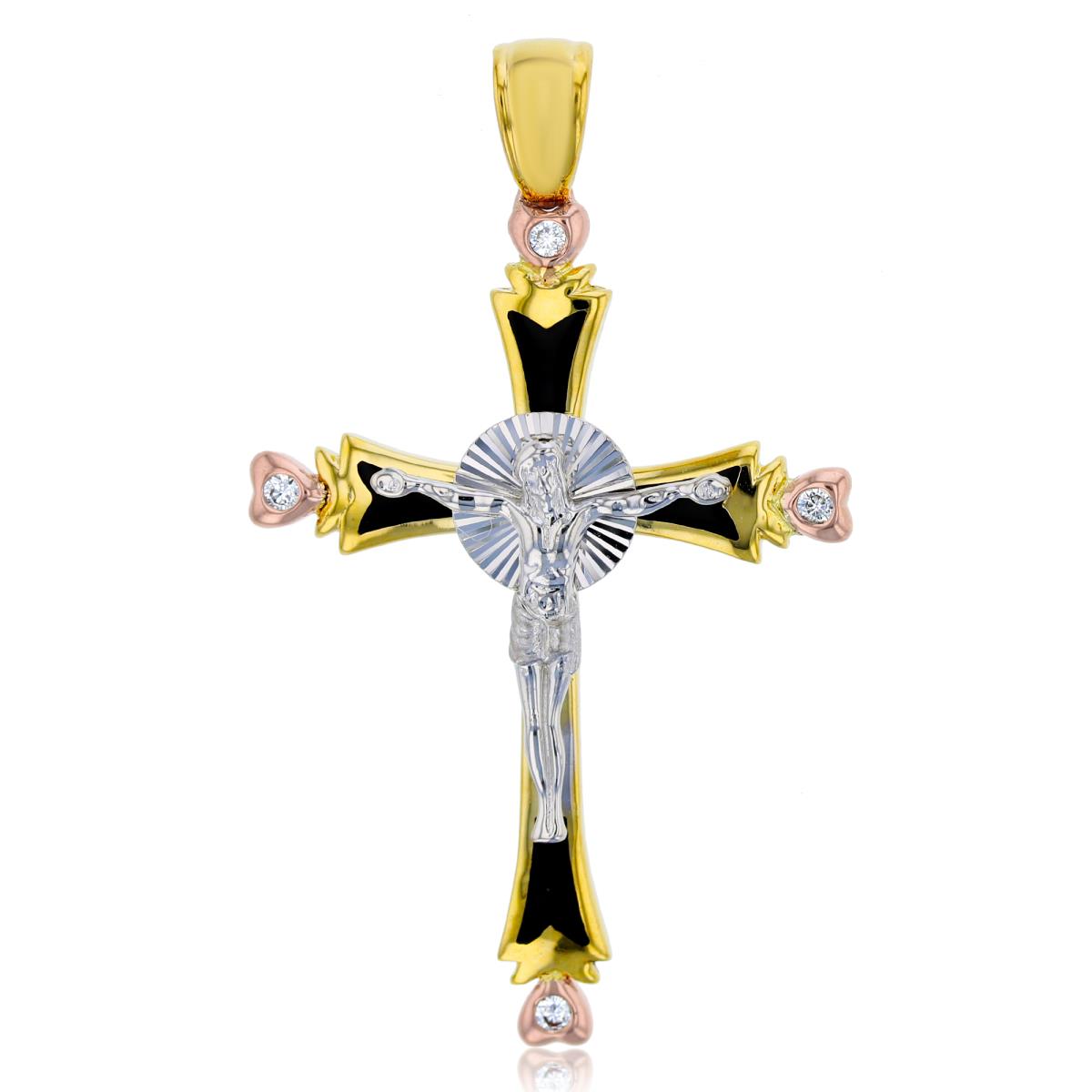 14K Tricolor Gold 47X27mm Jesus Cross w Black Enamel Pendant