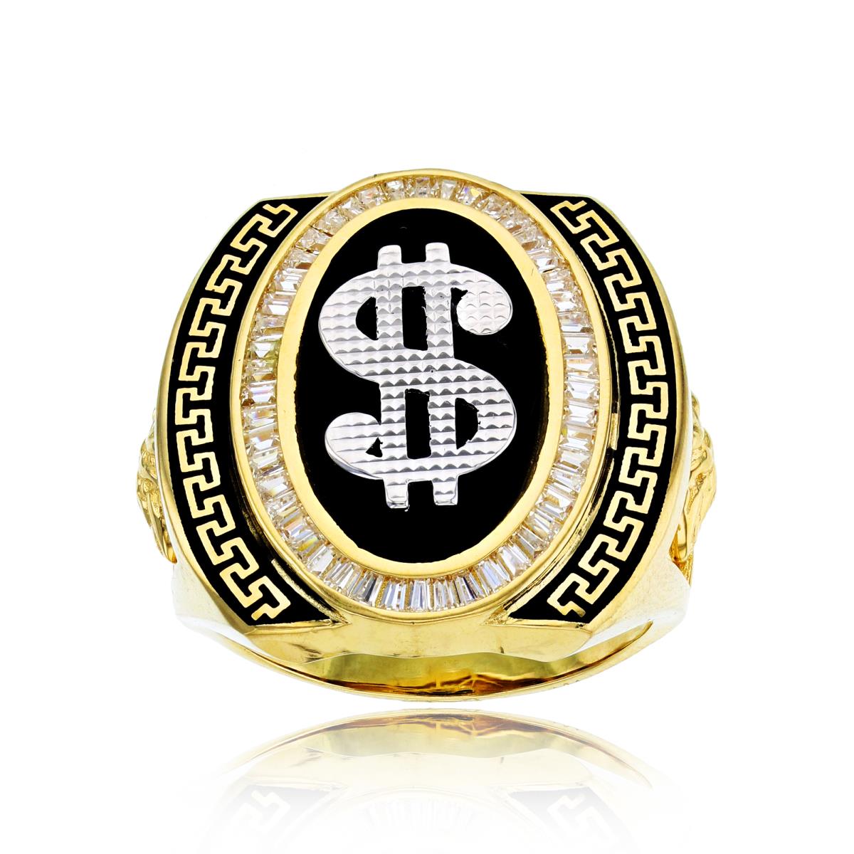 14K Yellow Gold Black 28mm Enamel/Onyx & BG CZ Dollar Textured Mens Ring