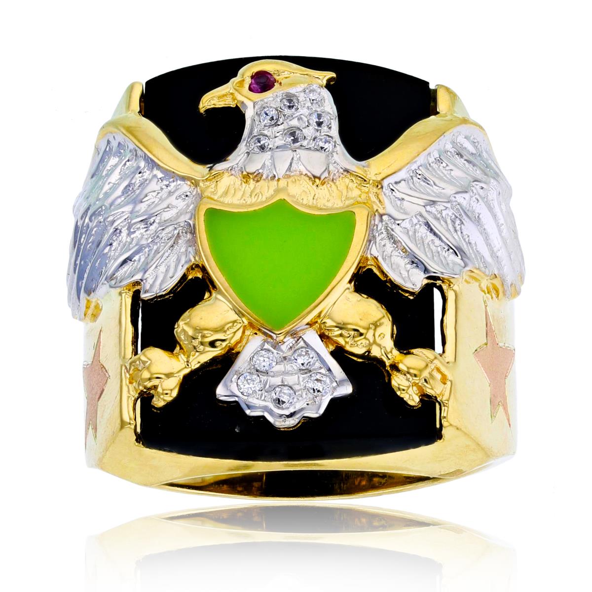 14K Tricolor Gold Black/Green 24mm Enamel with Ruby & Onyx Eagle Mens Ring