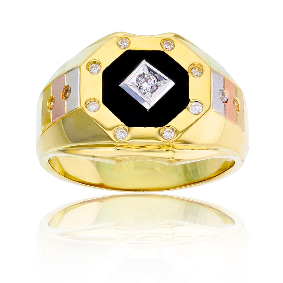 14K Tricolor Gold Octagon Onyx with Rhomb CZ Center Men's Ring