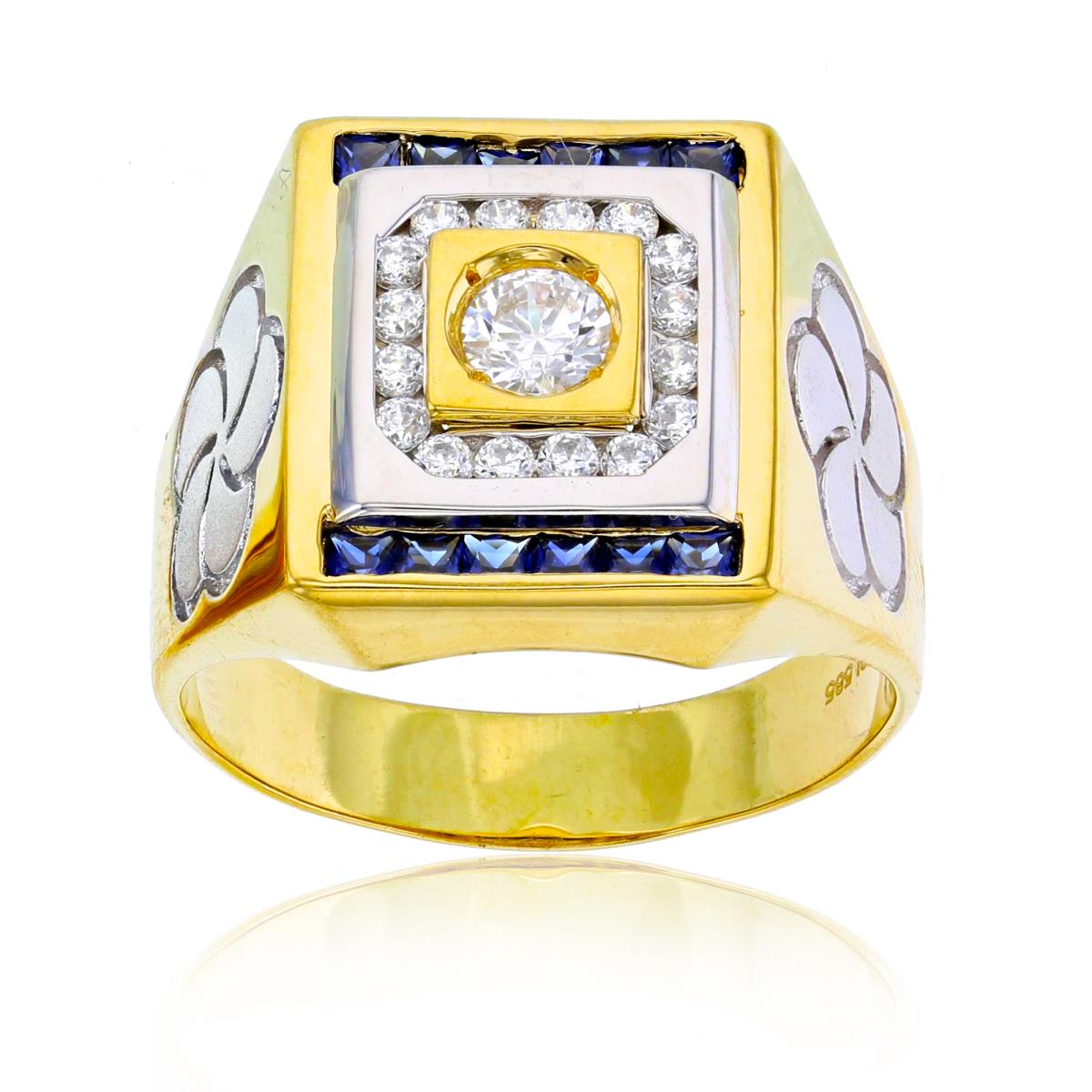 14K Two-Tone Yellow & White Gold Blue & White CZ Flowers on Side Men"s Ring