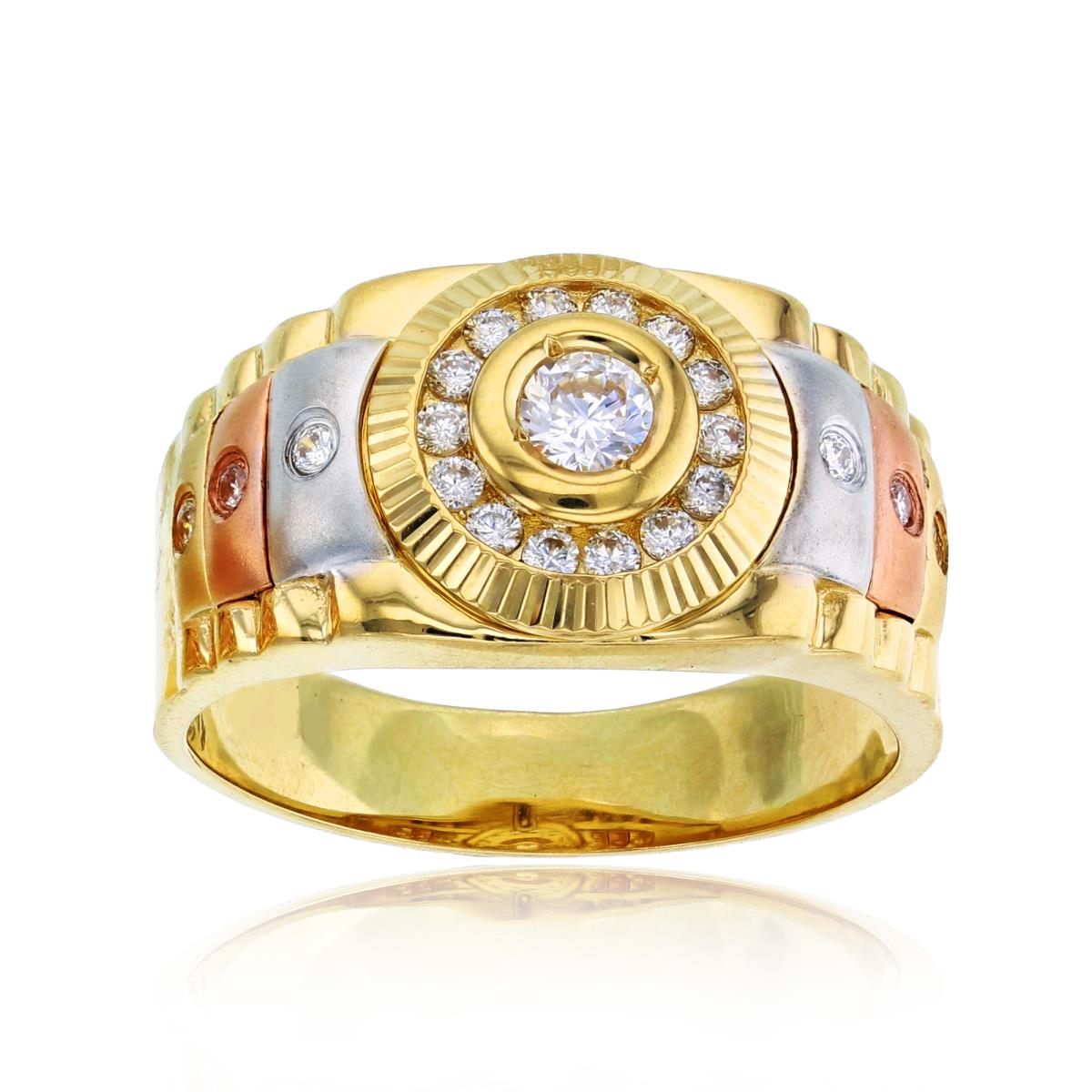 14K Tricolor Gold CZ Multicircles Center Bezel Side Men's Ring